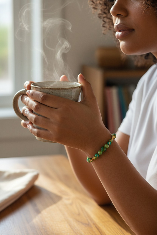 Close-up of an African American woman seated indoors near a window, holding a ceramic mug with both hands as steam rises from the hot drink. She wears a white top and a handcrafted bracelet made of twisted bright gold wire with green beads on her wrist. Soft natural light filters in, and a wooden table and bookshelves appear blurred in the background, creating a calm, cozy setting.