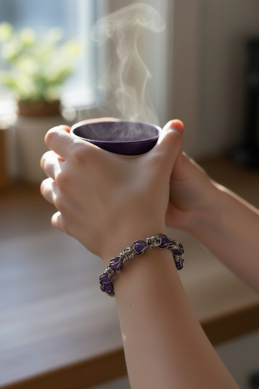 hands holding a steaming cup near a sunlit window: wrist wears a silver chainmail bracelet with a fluid structure; purple amethyst beads captured within interlocked rings; warm light highlights the metal and stones; background softly blurred with a small plant on the sill