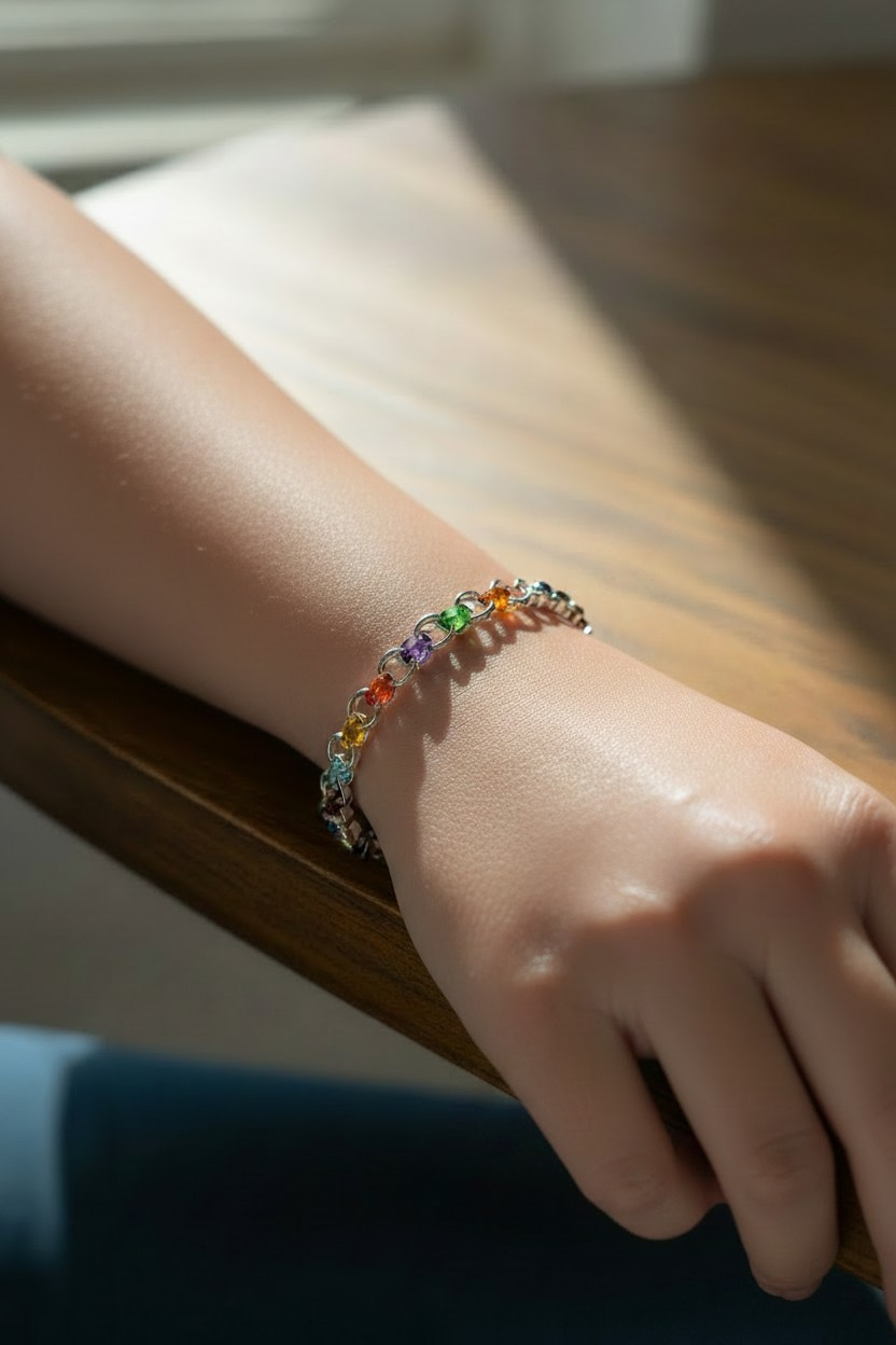 Virtual try-on for scale showing Fyohl, a Helm Chain chainmail bracelet worn on the wrist of a pale skin tone model. The bracelet has larger hematite-like finished rings with a center color progression inspired by the Progress Pride flag: red, orange, yellow, green, blue, indigo, violet, white, pink, light blue, brown, and black.