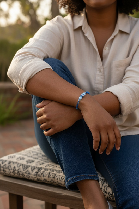 A person sits outdoors on a cushioned bench with one knee raised, wearing a light beige button-up shirt and blue jeans. Their arms rest casually across their knee. On their wrist is a blue beaded bracelet featuring small deep-blue beads and lighter blue accent beads at the center. Warm sunlight highlights the bracelet while greenery and brick blur softly in the background.