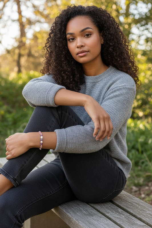 A person with curly dark hair sits outdoors on a wooden bench with greenery behind them, wearing a gray knit sweater and black pants. One knee is bent and their arms rest casually across it. On their wrist is a delicate bracelet made with purple and white beads, connected by lavender-colored wire links. Warm sunlight filters through the trees in the background.