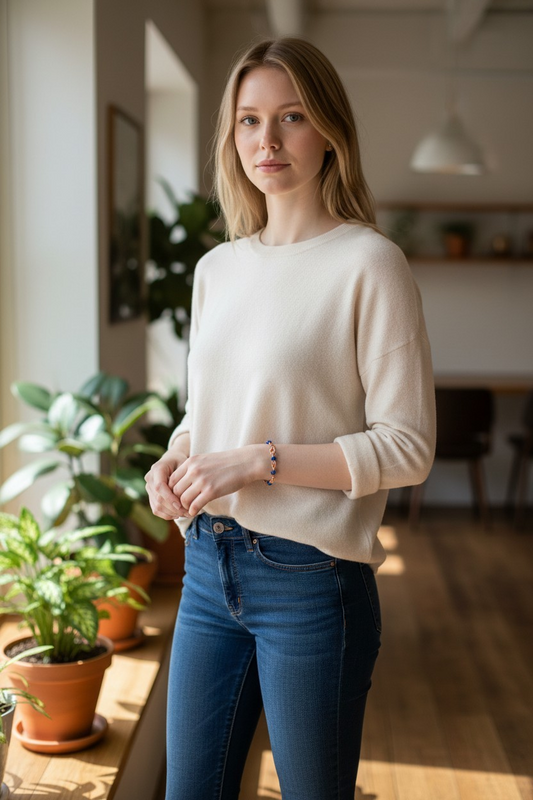 A person stands indoors near a window with sunlight streaming in, wearing a light beige sweater and blue jeans. Several green potted plants sit on the windowsill beside them. On their wrist is a bracelet featuring deep blue beads with lighter accent beads, connected by warm-toned wire links. The room has wooden floors and a softly blurred kitchen area in the background.