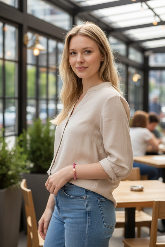 A person stands indoors in a bright café with large black-framed windows and wooden tables in the background. They wear a light beige long-sleeve blouse and blue jeans. On their wrist is a bracelet featuring pink-toned beads with a warm yellow central accent bead and lavender wire detailing. Soft natural light highlights the bracelet while other patrons sit blurred in the background.