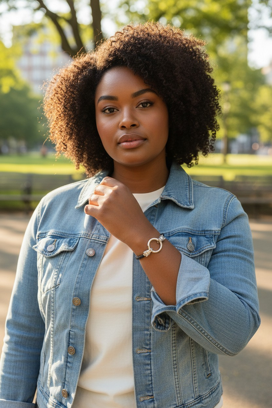 A woman stands in a sunlit park wearing a light denim jacket over a white shirt. She holds one hand near her collar, showing a black braided bracelet on her wrist. The bracelet has two silver dragon head ends biting onto the same round silver ring clasp. Trees and benches blur in the background, with warm sunlight highlighting her curly hair and the jewelry.