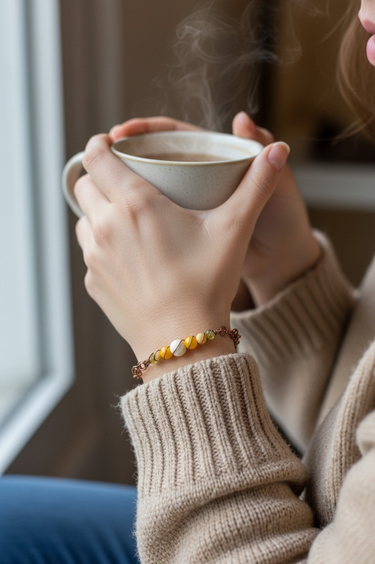 Close-up of a bracelet worn on a wrist while holding a steaming cup near a window. At the center is a round, almost-white yellow jade bead, bracketed by yellow resin pearls, yellow lava beads, and translucent rondelle beads. The beads are wrapped and secured with bright gold color-coated copper wire twisted around each bead.