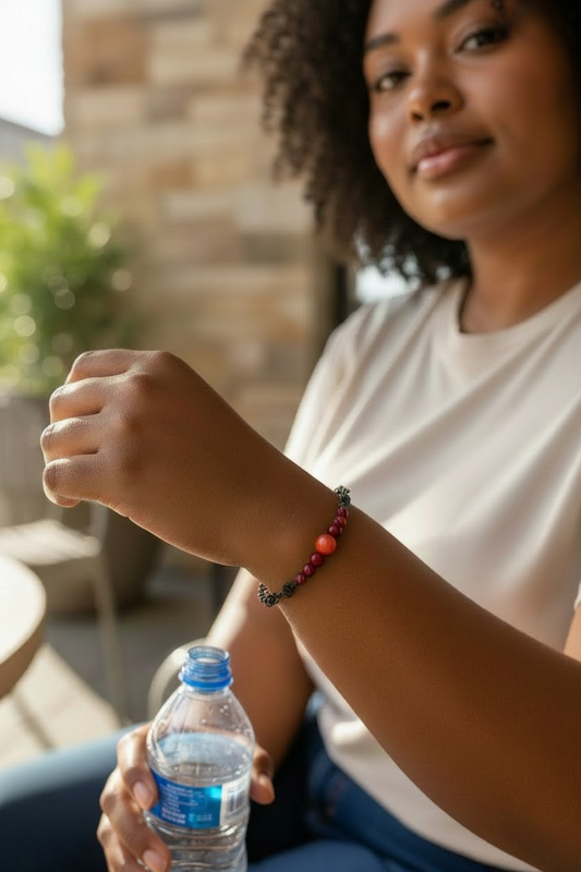 Woman seated indoors holding a water bottle, wearing a bracelet on her wrist. The bracelet features a central red jade bead bracketed by red pearl beads, red lava beads, and translucent red rondelle accent beads. Black wire is twisted in a spiral around each bead to secure them, connecting into small black chain links along the sides.