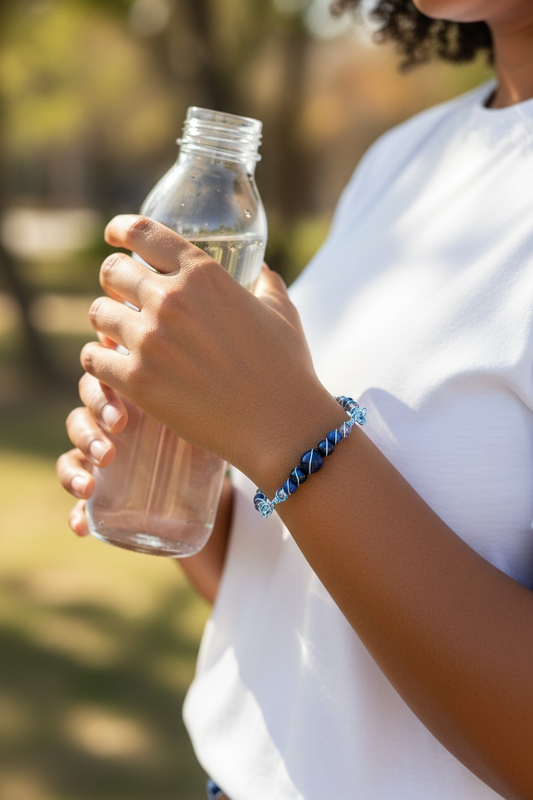 Person standing outdoors holding a clear water bottle, wearing a bracelet on their wrist. The bracelet features a central lapis lazuli bead bracketed by navy blue pearl beads and dark blue lava stones, with iridescent gray rondelle accents along the sides. Blue-toned wire is twisted around each bead in a spiral bind, connecting into small matching links.