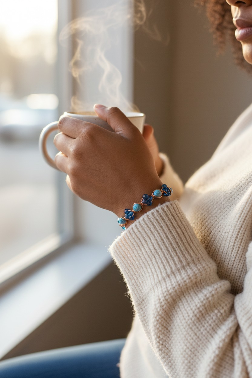 A person in a cream knit sweater holds a white ceramic mug near a sunlit window, with steam curling upward from the drink. On their wrist is a bracelet made of medium blue lava stones alternating with blue bicone beads, each section locked into a diamond shape by twisted copper wire and small connecting links. Warm light catches the wire and bead facets while the background stays softly blurred.