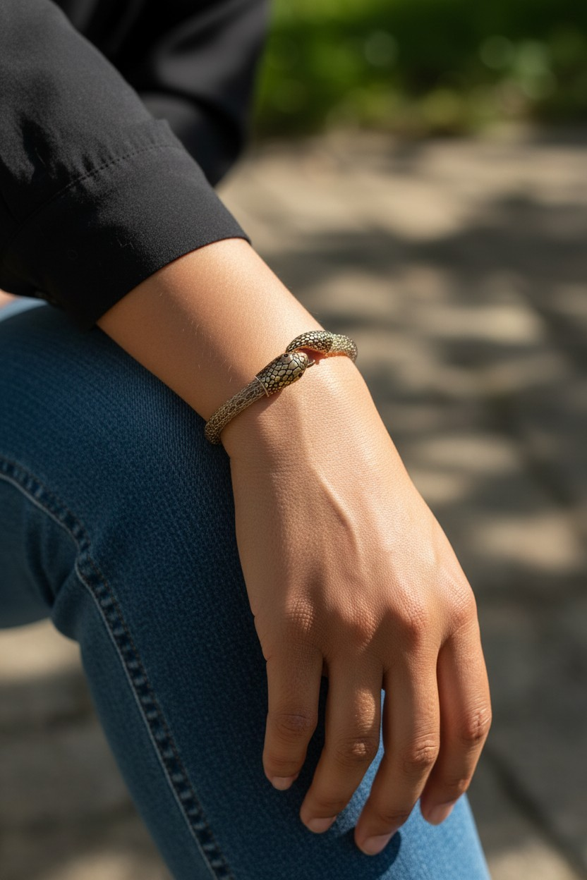 A close-up of a person’s hand resting on their knee while seated outdoors on a sunlit stone path. The person wears a brass-toned woven cord bracelet featuring an antique brass snake head clasp that hooks into its own tail, forming a continuous ouroboros-style closure. The person is dressed in blue jeans and a black sleeve, with soft greenery blurred in the background.