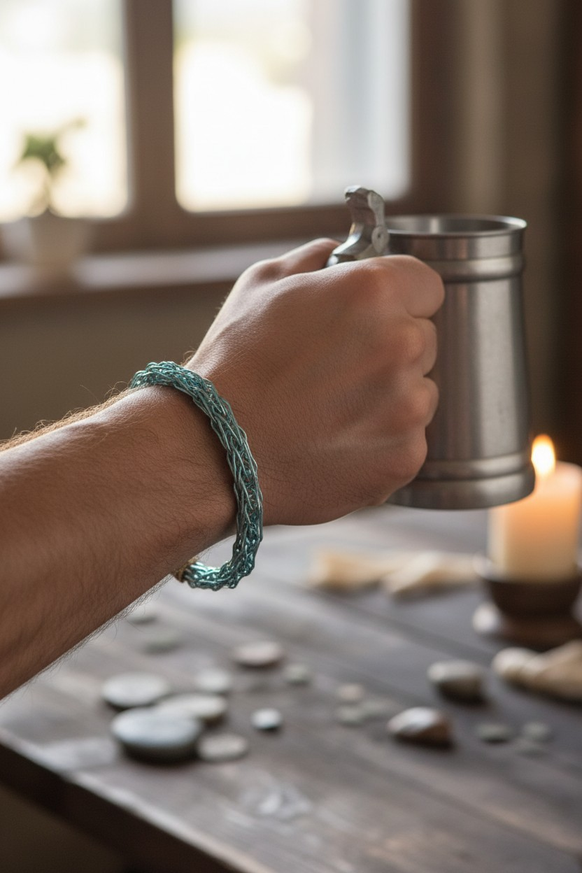 A person holds a metal tankard in their right hand while wearing an ice-blue woven wire bracelet on their wrist. The bracelet sits loosely like a braided cord. On the tabletop below are scattered small stones, including rune-marked pieces, and a lit candle; a bright window in the background gives the scene a warm, rustic feel.