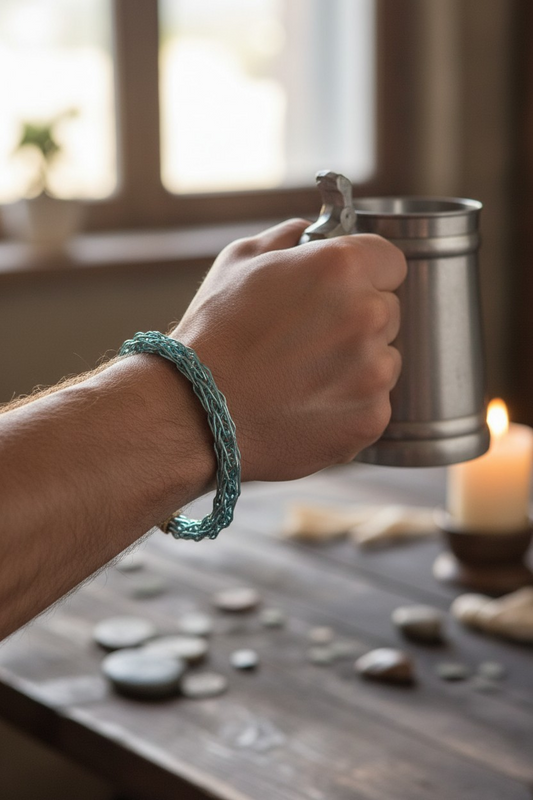 A person holds a metal tankard in their right hand while wearing an ice-blue woven wire bracelet on their wrist. The bracelet sits loosely like a braided cord. On the tabletop below are scattered small stones, including rune-marked pieces, and a lit candle; a bright window in the background gives the scene a warm, rustic feel.