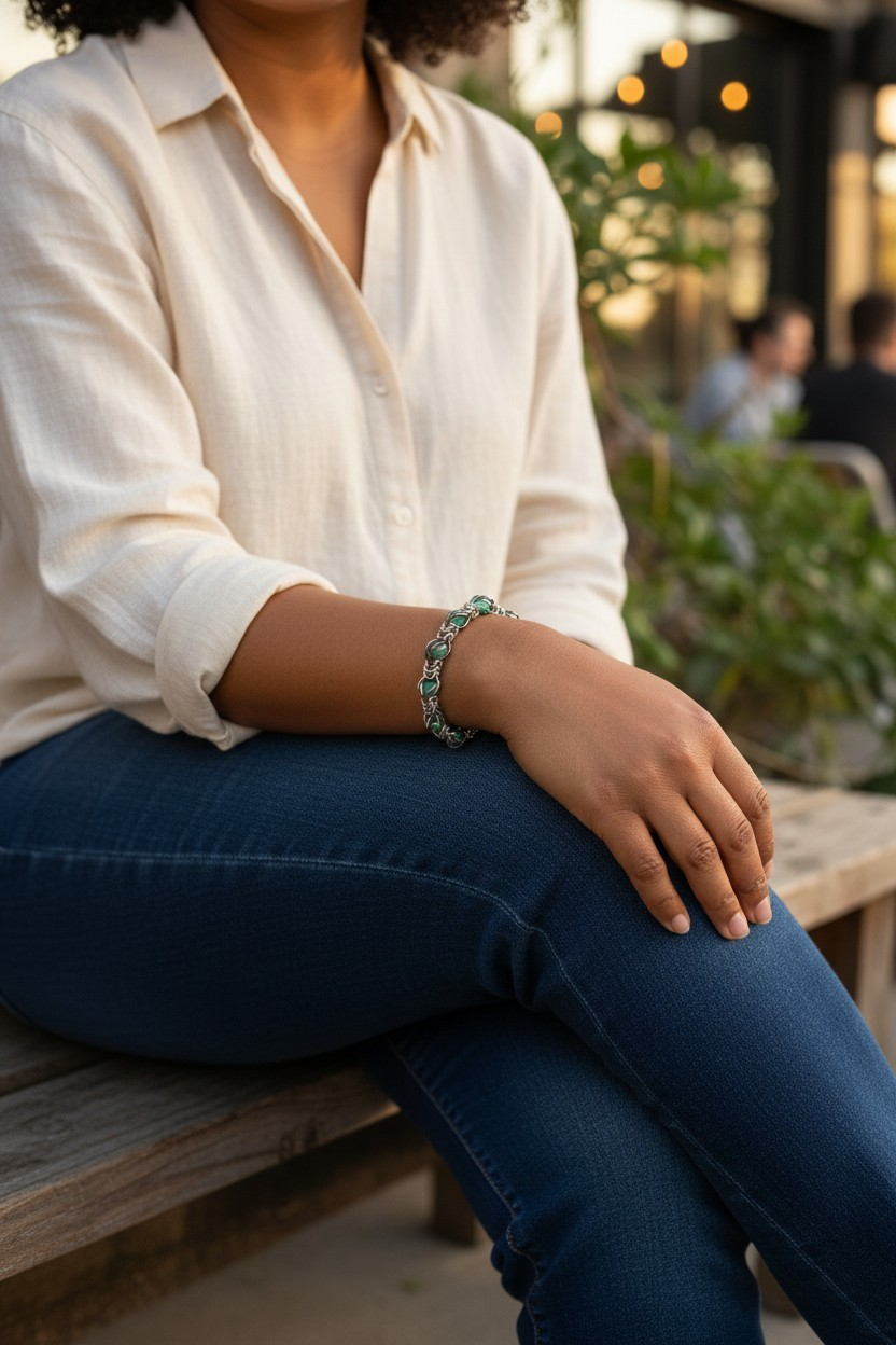 a person seated outdoors on a wooden bench wearing a chainmail bracelet; gunmetal black rings with a hematite-like finish form a dense yet fluid structure around the wrist; soft green aventurine beads are captured within the weave and spaced evenly; the bracelet drapes naturally against the skin; background is softly blurred with greenery and warm lights suggesting an outdoor café setting