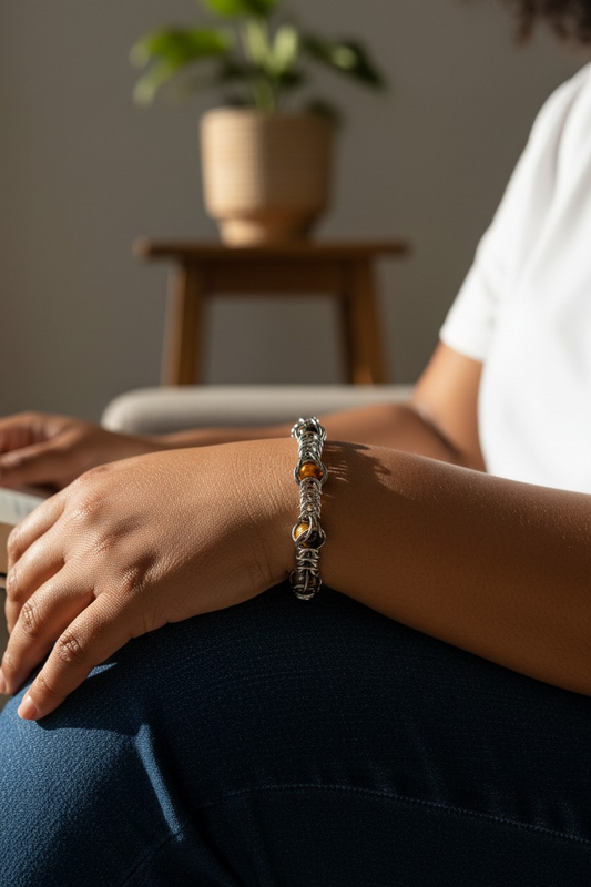 woman wearing chainmail bracelet on wrist: medium toned African-American skin; tightly interlinked silver-toned rings forming a dense Full Persian style weave with Tiger’s Eye beads captured throughout; warm brown and gold banding visible in the beads; bracelet fitted around the wrist with a central bead catching light; natural light casting soft highlights and shadows; background softly blurred with a plant on a small table indoors