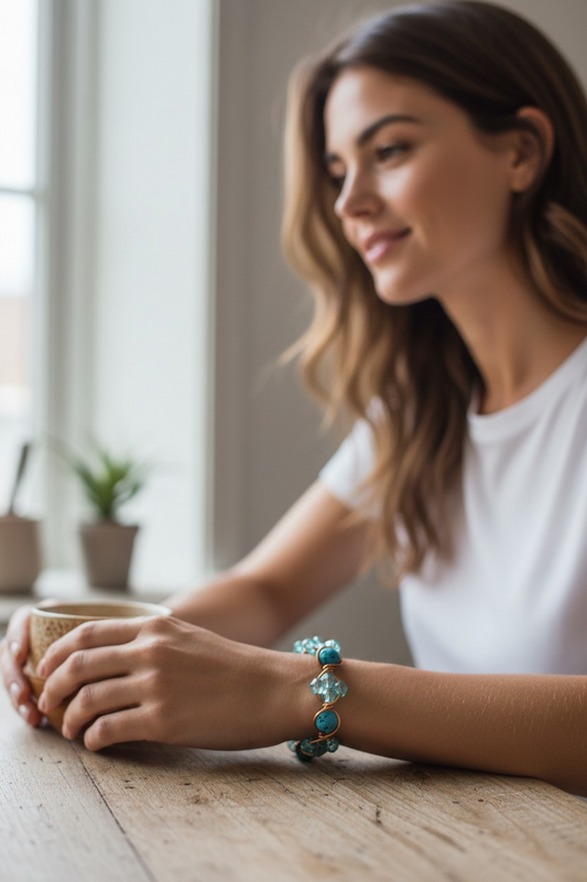 A woman sits at a wooden table near a bright window, holding a ceramic mug with both hands. She wears a bracelet featuring aqua-blue lava stones alternating with faceted aqua bicone beads, each section secured in gold-toned wire forming rounded links. Soft natural light highlights the bracelet’s color and texture while a small potted plant and window frame blur in the background.