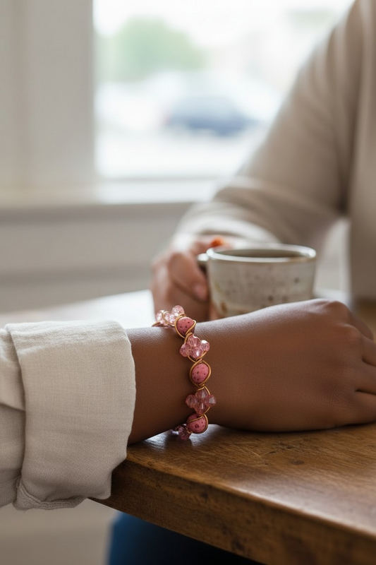 A person sits at a wooden table near a window holding a ceramic mug. On their wrist is a pink bracelet made of round pink lava stones alternating with faceted pink bicone beads, each section secured in gold-toned wire forming a linked pattern. Soft natural light highlights the bracelet’s texture and color while the background remains gently blurred.