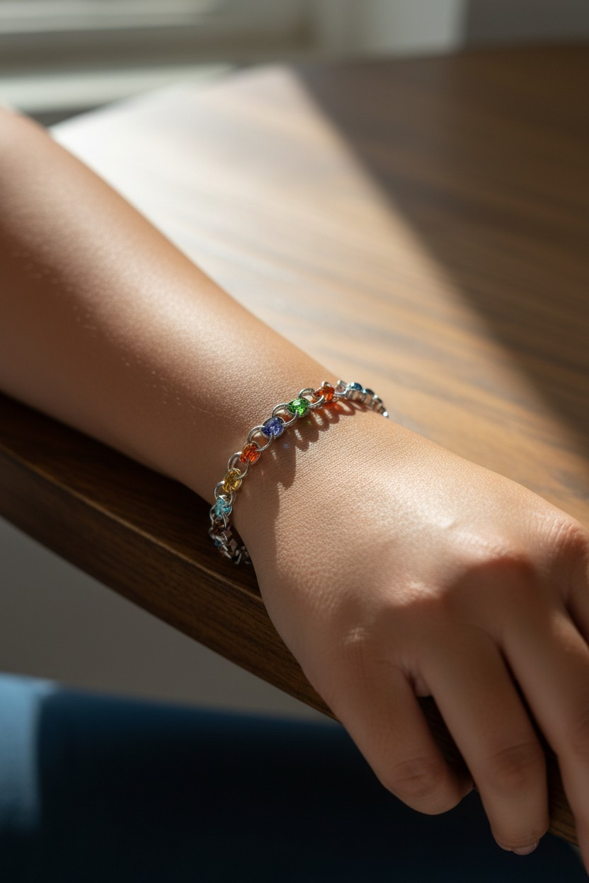 Virtual try-on for scale showing Fyohl, a Helm Chain chainmail bracelet worn on the wrist of a medium skin tone model. The bracelet has larger hematite-like finished rings with a center color progression inspired by the Progress Pride flag: red, orange, yellow, green, blue, indigo, violet, white, pink, light blue, brown, and black.