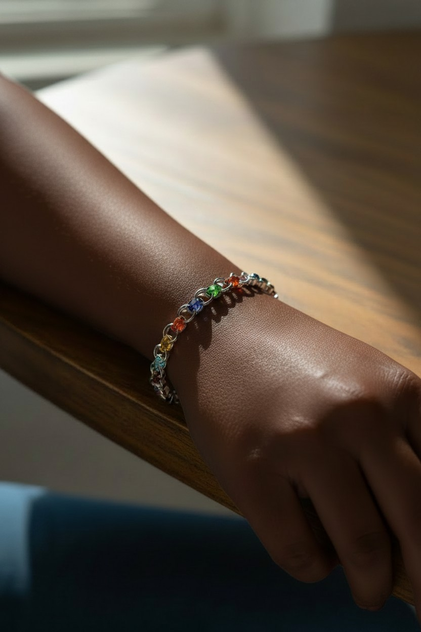 Virtual try-on for scale showing Fyohl, a Helm Chain chainmail bracelet worn on the wrist of a darker skin tone model. The bracelet has larger hematite-like finished rings with a center color progression inspired by the Progress Pride flag: red, orange, yellow, green, blue, indigo, violet, white, pink, light blue, brown, and black.