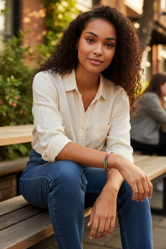Woman seated on a wooden bench outdoors; medium brown skin tone; dark curly shoulder length hair; neutral expression facing camera; light beige button up shirt; blue jeans; chainmail bracelet on right wrist with multicolor sections in red, yellow, orange, green, blue, indigo, violet, white, pink, light blue, brown, black; greenery and building elements softly blurred in the background