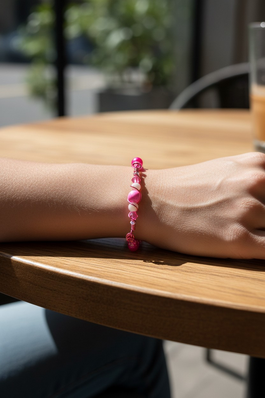 Close-up of a person’s wrist resting on a wooden table in bright natural light. The bracelet features pink wire twisted into a spiral, locking the beads into place. At the center is a round pink lava stone bead, flanked by smooth round white jade, translucent pink bicone beads, and smaller white jade bicone beads. The background is softly blurred with greenery visible through large windows.