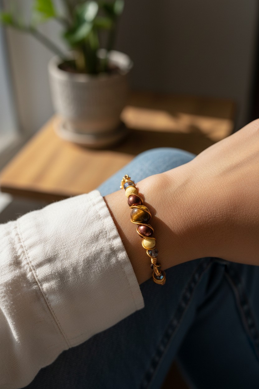 Close-up of a bracelet worn on a wrist in warm sunlight. The focal bead is a round Tiger’s Eye stone with golden-brown banding, flanked by six 6mm round yellow lava beads, bronze-colored resin pearls, and gray iridescent rondelle beads. The beads are secured with 20 gauge (0.8 mm) bright gold color-coated copper wire, wrapped neatly around the focal section and forming small looped ends.