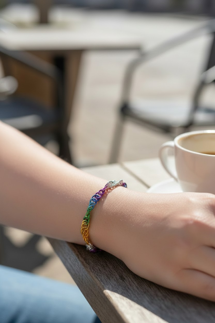 Virtual try-on for scale showing Braut, a spiral 4-in-1 chainmail bracelet worn on the wrist of a pale skin tone model. The bracelet has a color progression inspired by the Progress Pride flag: red, orange, yellow, green, blue, indigo, violet, white, light blue, pink, brown, and black. The wrist rests on an outdoor café table near a white cup in sunlight.