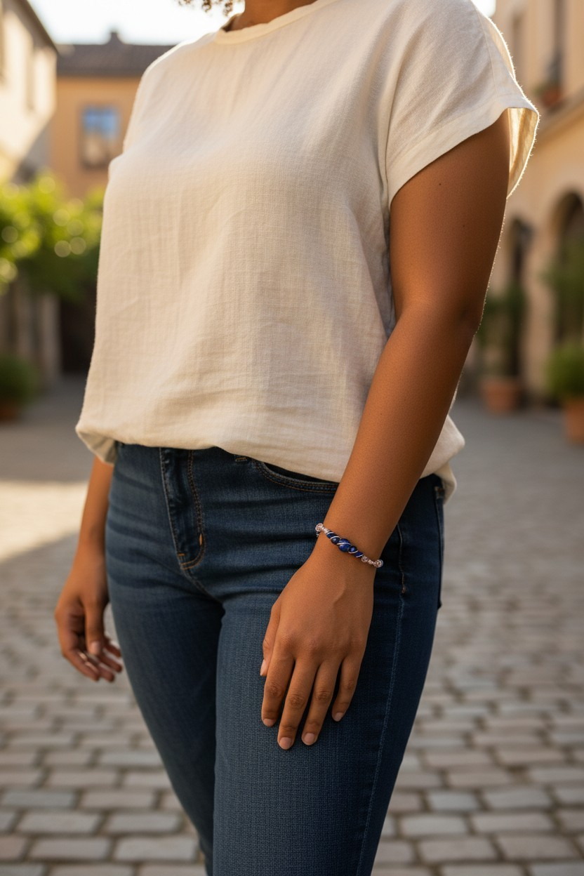 A person stands outdoors on a cobblestone street in warm evening light, wearing a white short-sleeve shirt and blue jeans. Their arm rests naturally at their side. On their wrist is a bracelet featuring deep blue beads at the center with lighter clear accent beads on either side, creating a subtle contrast against the sunlit setting and softly blurred buildings in the background.