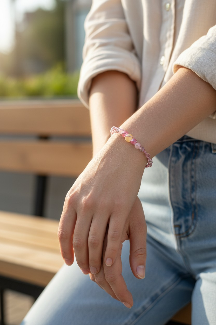 Close-up of a person’s hands resting gently together while seated outdoors on a wooden bench in warm sunlight. They wear a soft white long-sleeve shirt and light blue jeans. On their wrist is a delicate bracelet featuring pink-toned beads and a central yellow accent bead, all secured with lavender wire and small linked elements. The background is softly blurred, suggesting an outdoor patio or park setting.