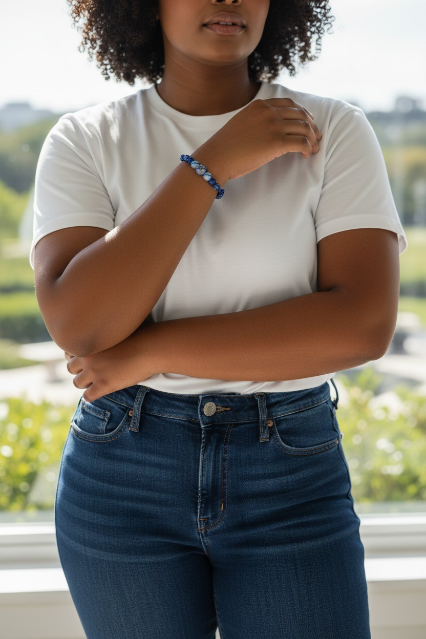 A woman stands indoors near a large window with greenery visible outside. She wears a fitted white short-sleeve shirt tucked into dark blue jeans. Her arms are gently crossed at her waist, showcasing a blue beaded bracelet on her left wrist. The bracelet features round blue stones with darker braided or knotted sections between beads. The background is softly blurred, drawing focus to the bracelet and her relaxed, confident posture.