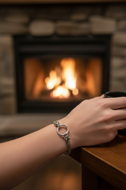 A close-up of a person’s wrist resting on a wooden table while holding a dark mug in front of a lit fireplace. The person wears a woven 304 stainless steel bracelet featuring two detailed dragon heads facing each other and biting the same round steel ring clasp at the center. Warm firelight softly illuminates the bracelet and the hand.