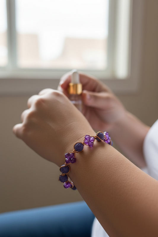 Close-up of a person holding a small dropper bottle with both hands near a bright window. On their wrist is a handmade diffuser bracelet made of twisted copper wire in an orbital spiral pattern, locking the beads into place. The bracelet alternates round purple lava beads with faceted purple crystal beads that catch the light.