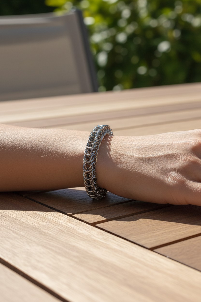 forearm resting on a wooden slat table outdoors: wrist wearing a dense chainmail bracelet forming a thick flexible band; polished gunmetal finish with reflective highlights; tightly woven pattern with repeating V-shaped links wrapping the wrist; toggle clasp partially visible underneath; bright natural sunlight casting sharp shadows; blurred greenery and patio chair in background