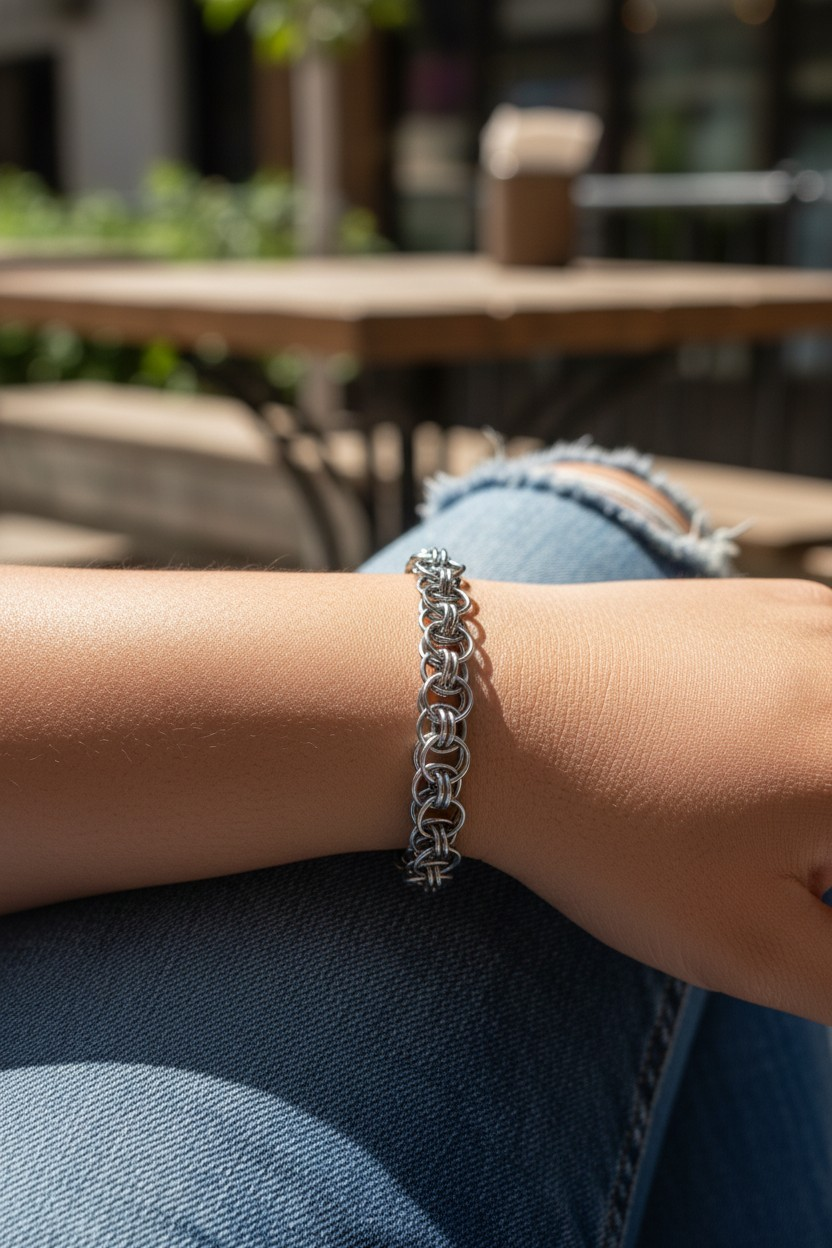 Virtual try-on for scale showing Yalm, a Helm Chain bracelet with interlocked gun-metal black rings and a hematite-like finish, worn on a pale skin-tone wrist against blue jeans in bright outdoor light. The bracelet has a structured chainmail pattern made from larger outer rings and smaller connecting rings. Actual bracelet shown; background and worn image may be digitally enhanced.