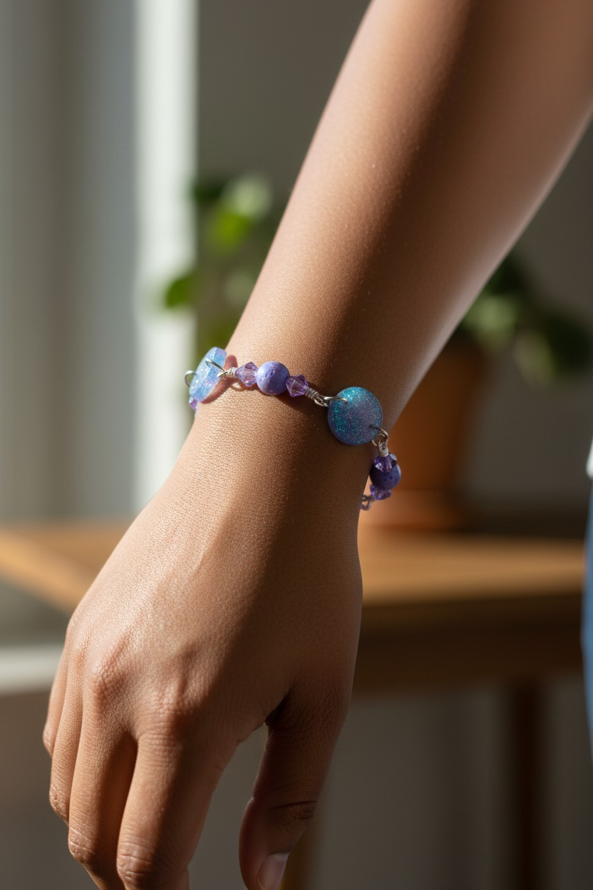 Close-up of a wrist wearing a bracelet in warm indoor light. The bracelet features a round blue-green druzy-style focal bead with a subtle sparkle, accented by purple round beads and faceted lavender crystal beads along the sides. Silver-toned wire links connect the beads in a simple, open design.