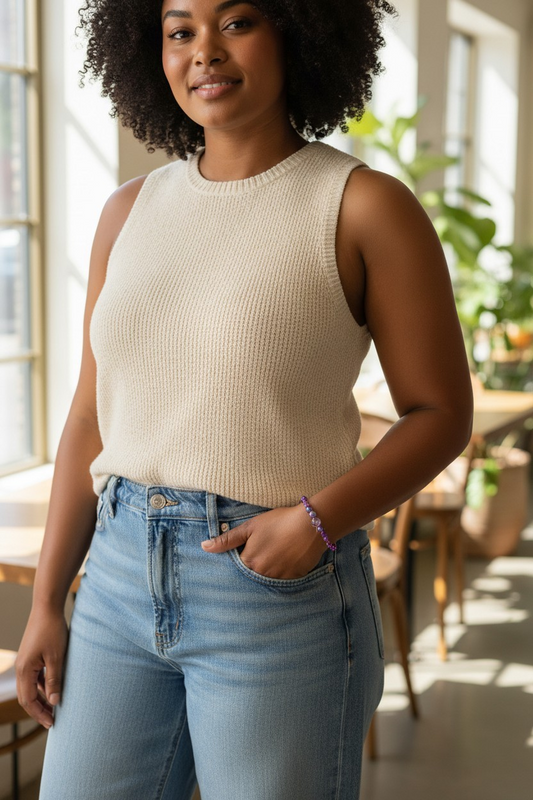 Portrait of an African American woman standing indoors in soft natural light, wearing a sleeveless beige knit top and high-waisted blue jeans. Her left hand rests in her pocket, showing a slim purple beaded bracelet on her wrist. The background includes large windows, warm wood furniture, and green plants, creating a bright, airy setting.
