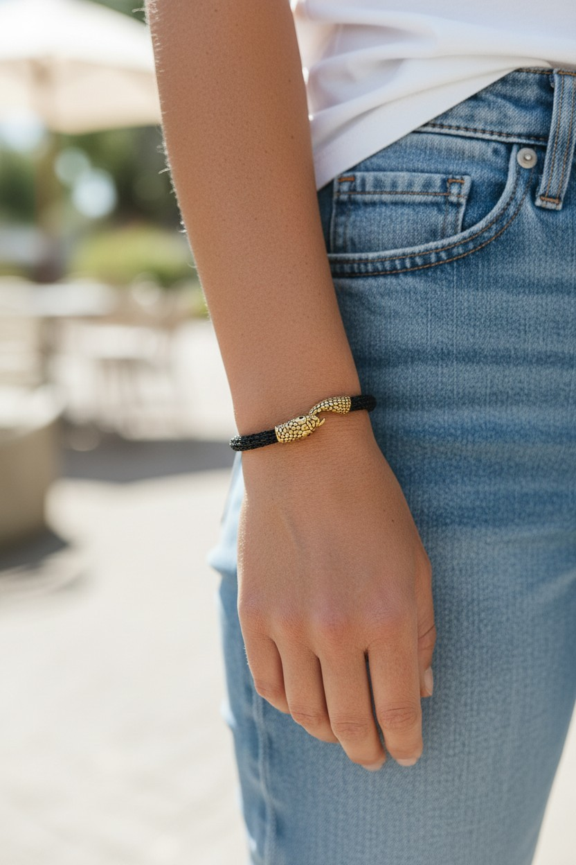 A Person standing outdoors wearing a black braided bracelet on their wrist. The bracelet features an Ouroboros-style gold-tone snake clasp at the center, where the snake’s tail hooks into the open snake head to form the closure. The person is wearing blue jeans and a white shirt, with the bracelet shown clearly against the wrist in natural daylight.