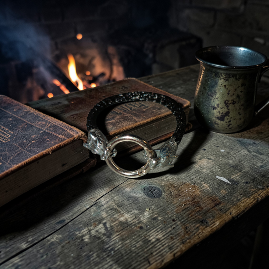 A black braided bracelet rests on a rough wooden table. Each end of the bracelet is shaped like a detailed silver dragon head, both biting onto the same round steel clasp ring at the center. The bracelet sits beside two worn, aged books and a tarnished metal mug. In the background, a small fire burns in a stone fireplace, casting warm orange light across the rustic scene.
