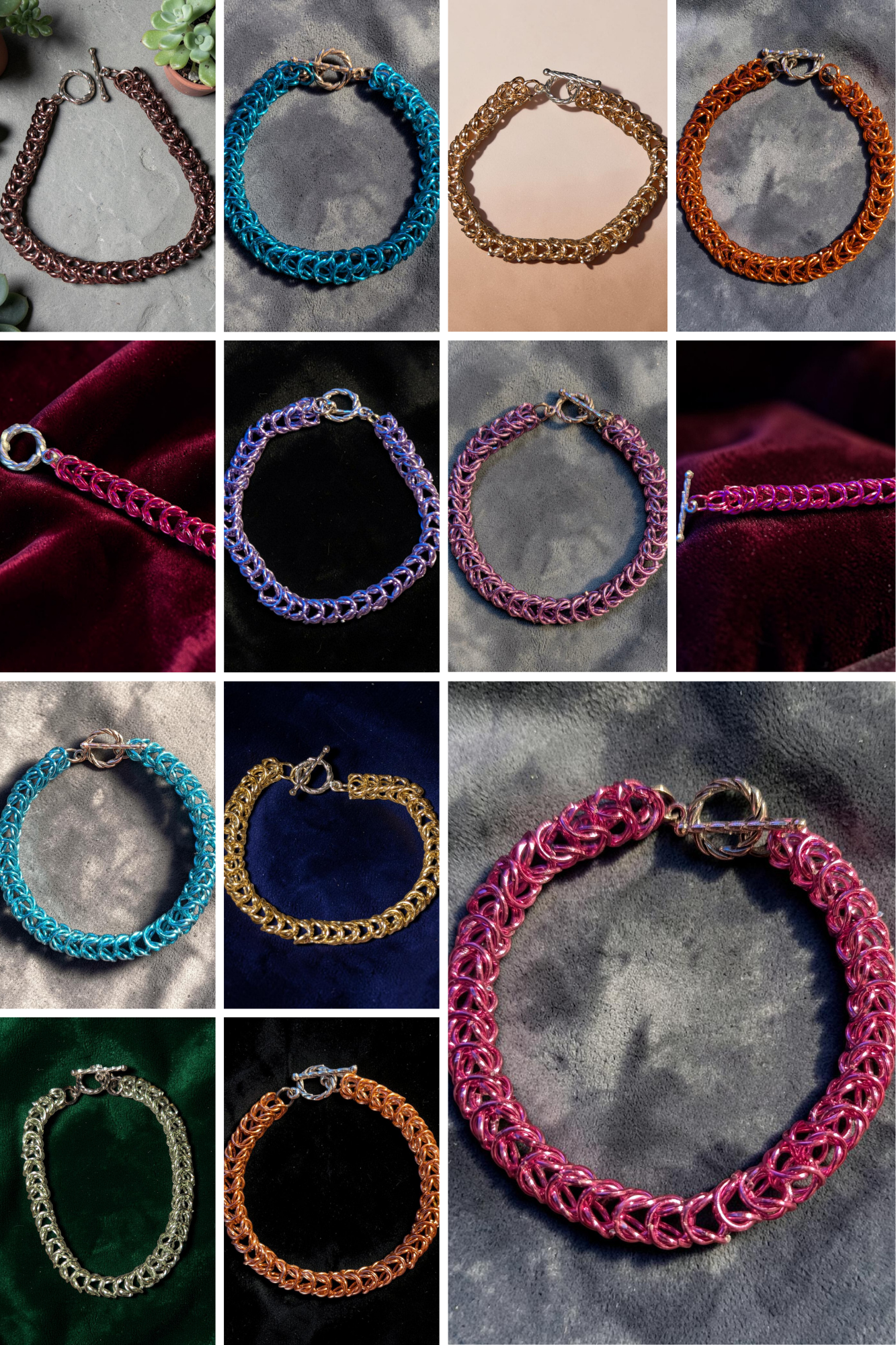 Brikk box weave chainmail bracelets shown flat in all thirteen colors: Antique Bronze, Aqua, Champagne, Copper, Fuchsia, Lavender, Lilac, Magenta, Pale-Aqua, Pale-Gold, Pale-Mint, Rose-Gold, and Rose-Pink.