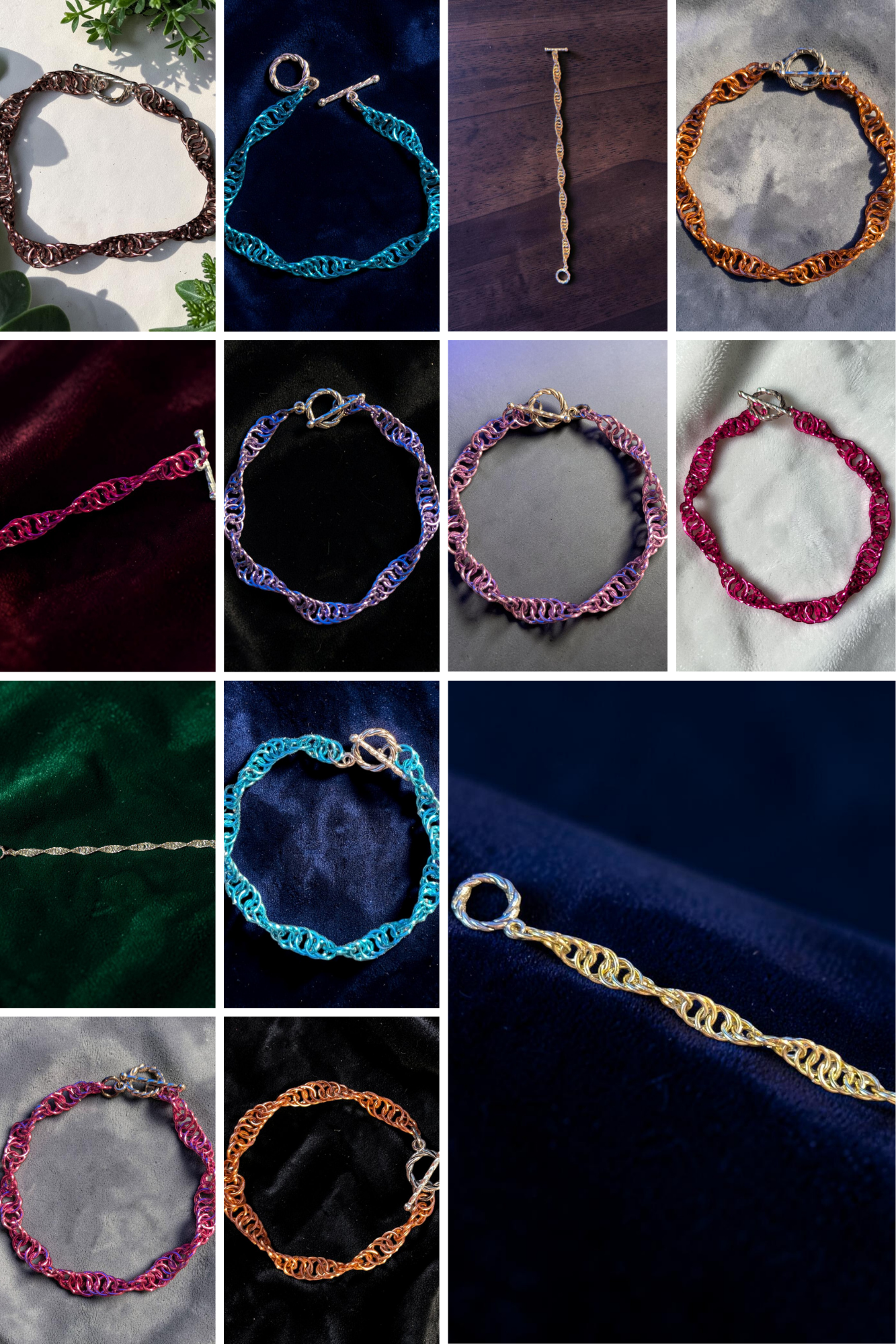 Snerill spiral 4-in-1 chainmail bracelets shown flat in all thirteen colors: Antique Bronze, Aqua, Champagne, Copper, Fuchsia, Lavender, Lilac, Magenta, Pale-Aqua, Pale-Gold, Pale-Mint, Rose-Gold, and Rose-Pink.