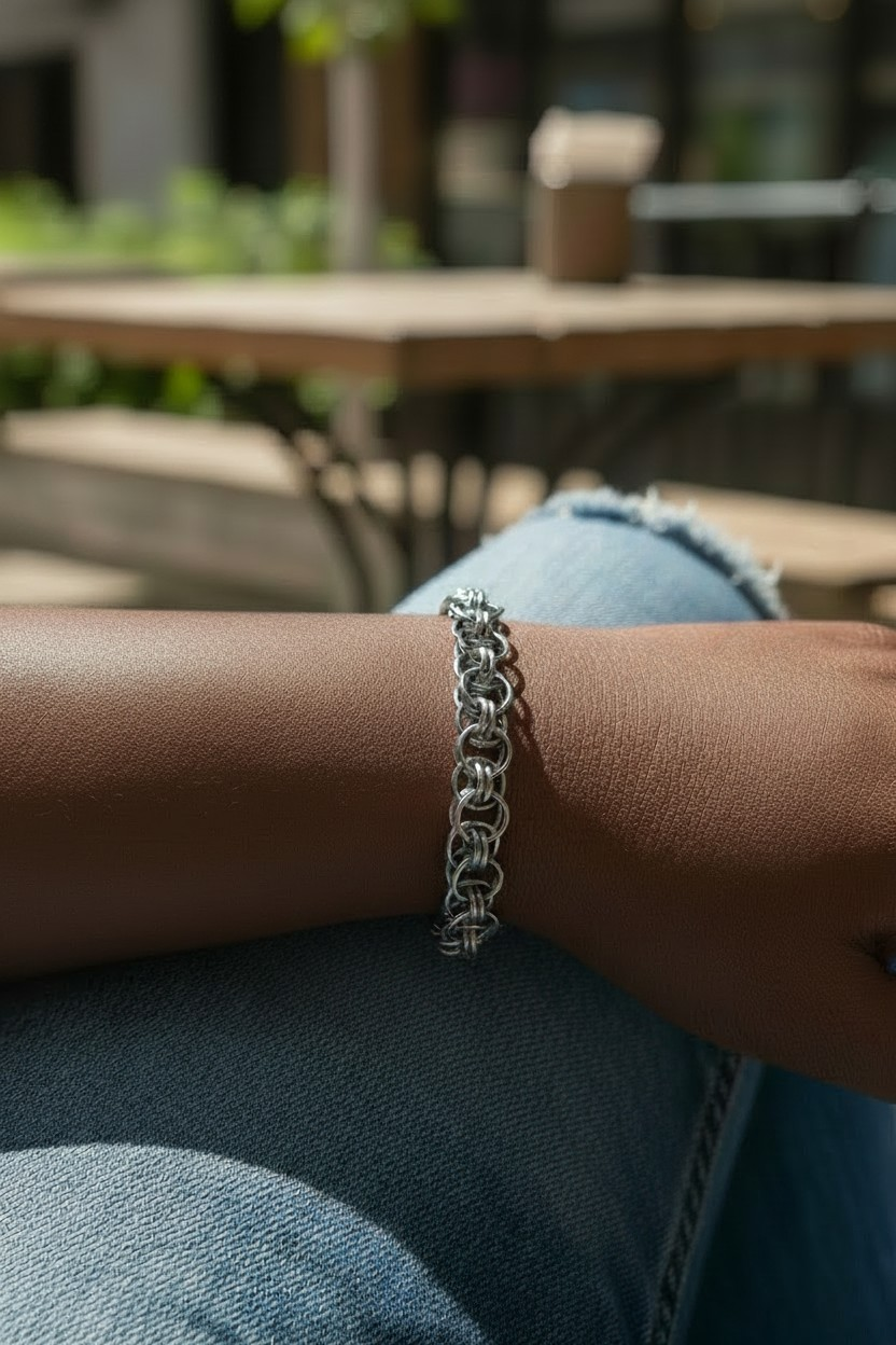 Virtual try-on for scale showing Yalm, a Helm Chain bracelet with interlocked gun-metal black rings and a hematite-like finish, worn on a darker skin-tone wrist against blue jeans in bright outdoor light. The bracelet has a structured chainmail pattern made from larger outer rings and smaller connecting rings. Actual bracelet shown; background and worn image may be digitally enhanced.